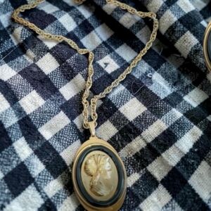 Vintage Gold-Tone And Black Lady Silhouette Pendant Necklace